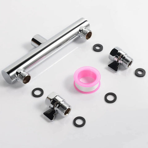 Double Outlet Chrome Shower Manifold With Independent Shut Off Valves For Dual Sprayer System components displayed