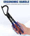 Workpro exhaust hanger removal tool with blue insulated handles, held in hand; heavy-duty car exhaust hanger pliers.