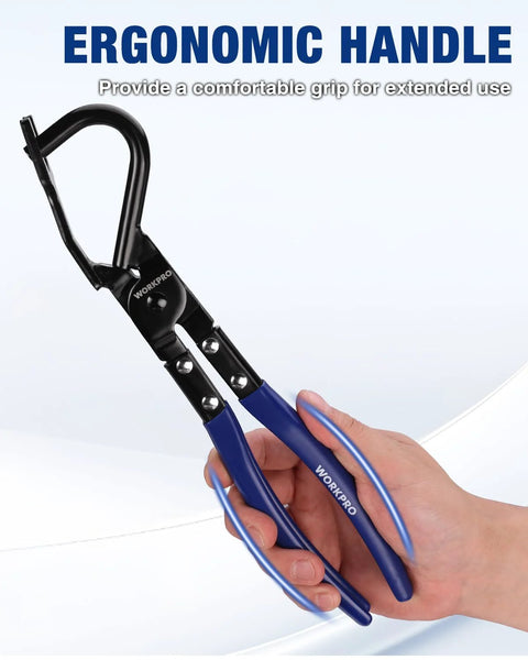 Workpro exhaust hanger removal tool with blue insulated handles, held in hand; heavy-duty car exhaust hanger pliers.