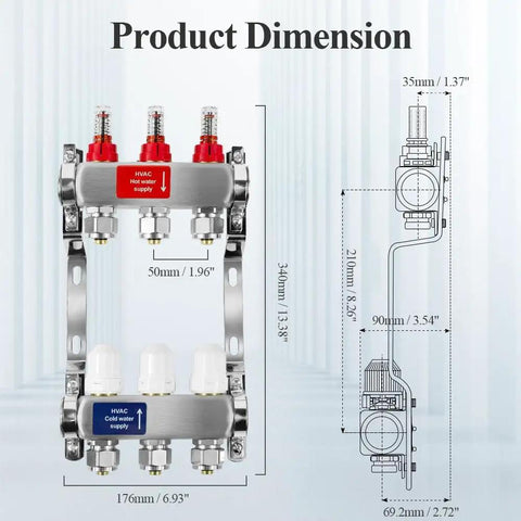 Dimensions of 3-Loop PEX Radiant Manifold For Hydronic Floor Heating, 1/2 In Outlets, Stainless Steel, with detailed measurements