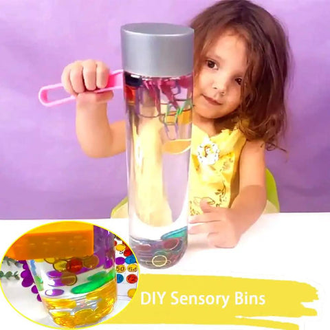 Child playing with sensory bin using Magnetic Bingo Set With 100 Orange Plastic Markers For Math Counting And Science Exploration Kid Friendly STEM Kit