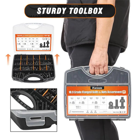 280 Piece M5 M6 M8 Flanged Hex Bolts And Flange Nuts Assortment Grade 10 9 in a sturdy toolbox with detailed organization.