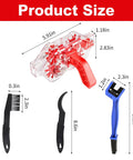 Clear View Bike Chain Cleaner Kit with brush tools and dimensions, showing transparent housing and red quick-release handle.