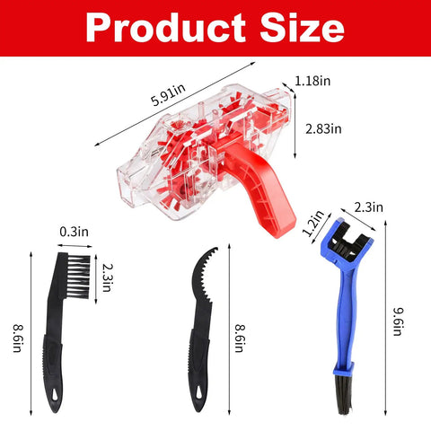 Clear View Bike Chain Cleaner Kit with brush tools and dimensions, showing transparent housing and red quick-release handle.