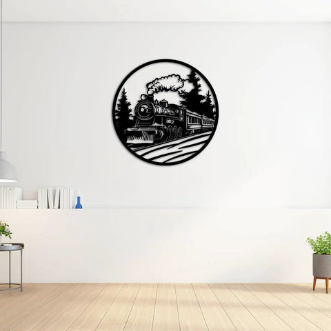 Boss Steam Locomotive Metal Wall Art Decor For Indoor Or Outdoor Spaces Rustic Farmhouse Black Finish 20 Inch Wall Sculpture Perfect For Office Or Living Room Durable Iron Construction featured in a bright living room setting.
