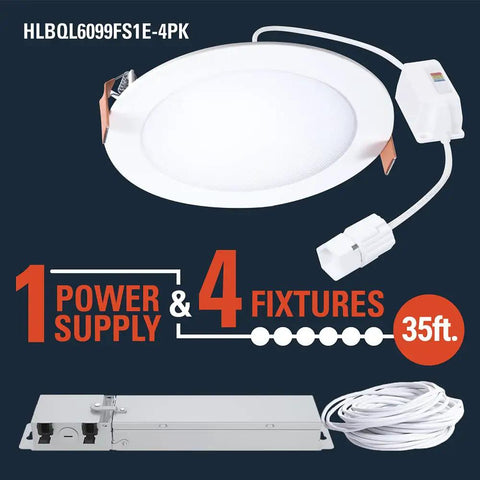 4 Inch Canless Ultra Thin Recessed LED Wafer Lights Starter Kit, 4 Pack, diagram showing power supply and connectors.