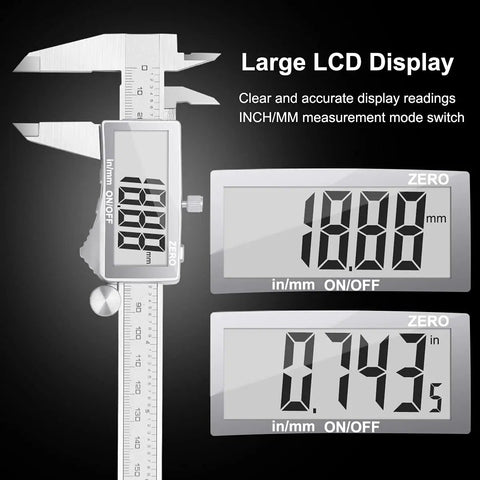 Digital Caliper With Large LCD Screen For DIYers And Pros, Pro Grade Stainless Steel Measuring Tool displaying mm readout