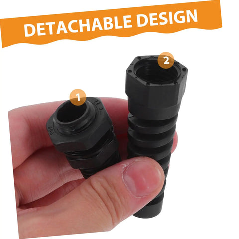 Hand holding parts of Ten Pack Adjustable Cable Connectors Kit Nylon Cable Gland Strain Relief Joints with detachable design