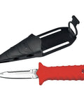 Samurai Underwater Dive Knife with 2.7-Inch Tempered Stainless Blade, red handle, and secure eyelet tie attachment, sheath included.