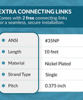 Chart showing Nickel Plated Roller Chain ANSI 35NP specs: 10 ft length, single strand, 0.375 inch pitch, 2 free links included.