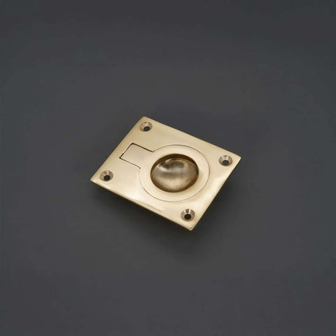 Polished Brass Flush Ring Pull Handle 60mm By 50mm for cabinets and drawers, recessed furniture, cupboards, boat hatch.