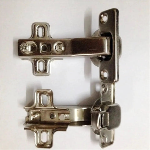1 Piece -45 Degree Corner Fold Cabinet Door Hinge Set With Screws, shown with two hinges in metal finish.