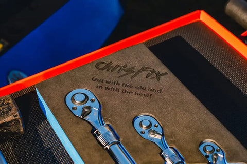 Three Piece Extendable Ratchet Set With Half Inch Drive, Three Eighths Inch Drive, And Quarter Inch Drive in foam tray