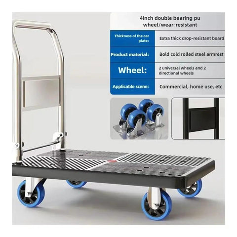Heavy Duty Foldable Rolling Dolly, No Sweat Hauling With Silent Wheels, Space Saving Steel Frame Pushcart For Quick Home Moves And Warehouse Jobs, Solid Blue Build with durable wheels and steel armrest.