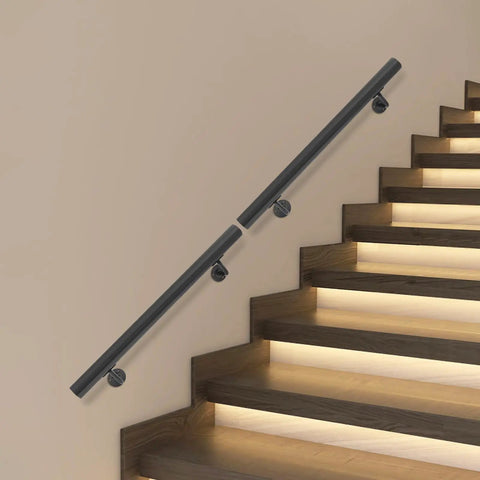 Rock Solid Heavy Duty Stainless Steel Flush Mount Wall Handrail Built Like A Tank With Smooth Baked Enamel Finish For Steady Daily Support And Ultimate Stair Safety Indoors Or Outdoors on wooden stairs.