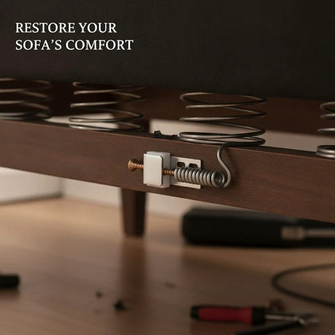 Heavy Duty Iron Sofa Spring Clip Connector For Reattaching Loose Coil Springs To Frame Rails Durable silver connector securing couch springs.