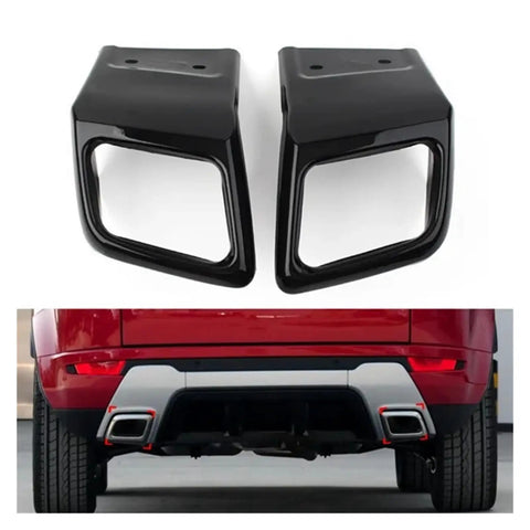 Rear Bumper Exhaust Tube Trim Kit For Range Rover Evoque 2010 2018 Compatible With Land Rover Black Coated Stainless Steel Muffler Head Tailpipe Trim Upgrade For A Badass Look And Sleek Performance, showing trim pieces and installed view on vehicle