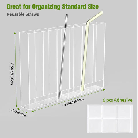 Adhesive Cabinet Door Mount Acrylic Straw Holder With Six Jumbo Compartments That Totally Eliminates Countertop Junk And Keeps Every Favorite Reusable Tumbler Straw Super Clutch For On The Go Sipping, showing clear design with two reusable straws.