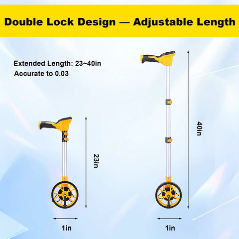 Sleek Digital Readout Distance Measuring Wheel With Heavy Duty Steel Roller And Crisp Backlit Display For Dead On Measurements And Quick Metric Or Imperial Swaps On Any Hustle Ready Job Site, shown in adjustable lengths of 23in to 40in.
