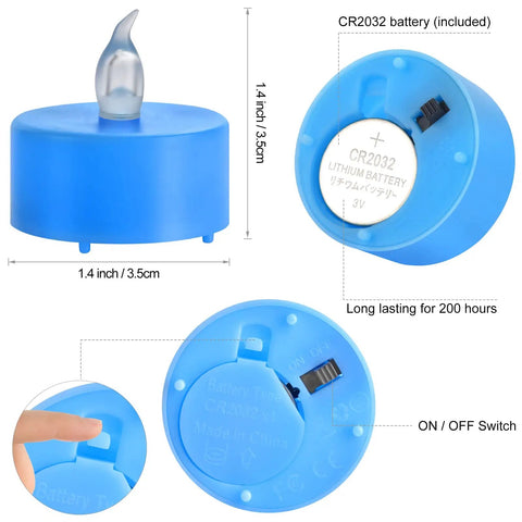 Blue LED Tea Light with CR2032 battery and switch, 24 pack battery operated flameless votive candles with realistic flicker