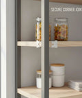 Heavy Duty Steel Corner Shelf Connector Bracket For DIY Shelving, 90 Degree Joint, compact size, silver finish, in use on a shelf.
