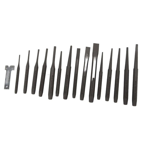 16 Piece Mechanics Punch And Chisel Set With Pin Center Taper Punches Cold Chisels Premium Heat Treatment Steel Heavy Duty Anti Rust Impact Proof Tool Kit For Auto Shop And Garage Repair Jobs, 16pc steel punches and chisels laid out