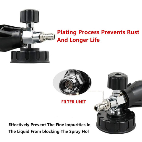 Foam Cannon Kit With Short Pressure Washer Gun For Cars 1 L Snow Foam Lance With 1 Quarter Inch Quick Connector Pro Grade Dense Foam Blaster For High PSI Washers Up To 4000 PSI Black Finish showing filter unit and plating process