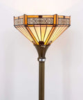 Yellow Hexagon Tiffany Floor Lamp With Stained Glass Mission Shade, 71 Inch Torchiere Standing Lamp For Living Room, Bedroom, Or Home Office, 12 Inch Wide Shade, Antique Bronze Base, UL Listed, Cozy Uplight Vibe displaying intricate stained glass and warm glow.