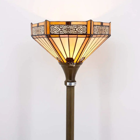 Yellow Hexagon Tiffany Floor Lamp With Stained Glass Mission Shade, 71 Inch Torchiere Standing Lamp For Living Room, Bedroom, Or Home Office, 12 Inch Wide Shade, Antique Bronze Base, UL Listed, Cozy Uplight Vibe displaying intricate stained glass and warm glow.