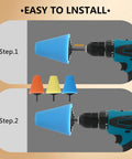 Installation steps for 5 Piece Aluminum Polishing Kit With Foam Sponge Polishing Balls For Drills, showing blue foam ball attachment.