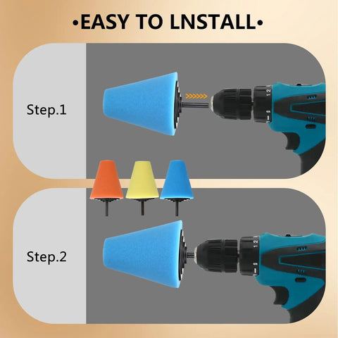 Installation steps for 5 Piece Aluminum Polishing Kit With Foam Sponge Polishing Balls For Drills, showing blue foam ball attachment.