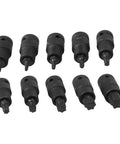 Rock Solid 10PC Socket Adapter Set With 1/2 Inch Drive Bit Holder Featuring T20 To T70 Star Head Screwdriver Bits Made From Heavy Duty Chrome Vanadium Steel For All Your Tough Jobs And Serious DIY Repairs This Kit Is A Total Game Changer For Any Garage. 10 black Torx socket adapters arranged on white background