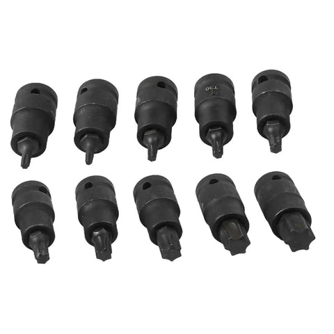 Rock Solid 10PC Socket Adapter Set With 1/2 Inch Drive Bit Holder Featuring T20 To T70 Star Head Screwdriver Bits Made From Heavy Duty Chrome Vanadium Steel For All Your Tough Jobs And Serious DIY Repairs This Kit Is A Total Game Changer For Any Garage. 10 black Torx socket adapters arranged on white background