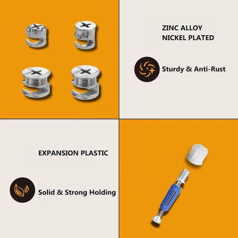 90 Piece Heavy Duty Furniture Cam Locks And Eccentric Wheel Nuts Kit With Storage Case showing zinc alloy connectors.