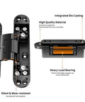 Built Tough 6-Inch Hidden Door Hinge With 3 Way Adjustable Concealed Mechanism Heavy Duty Steel Construction for smooth operation.