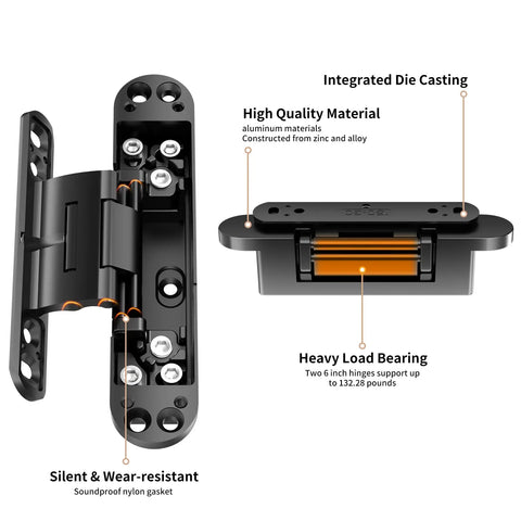 Built Tough 6-Inch Hidden Door Hinge With 3 Way Adjustable Concealed Mechanism Heavy Duty Steel Construction for smooth operation.