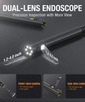 Dual Lens Endoscope With 5 Inch Monitor And Front And Side View Borescope Camera Waterproof 9.8 Ft Probe 5 Inch IPS LCD Screen And Case The Go To Tool For Auto Maintenance Home Inspections Electrical Work And DIY. dual-lens probe with front and side camera views, 1.2-4.0 inch