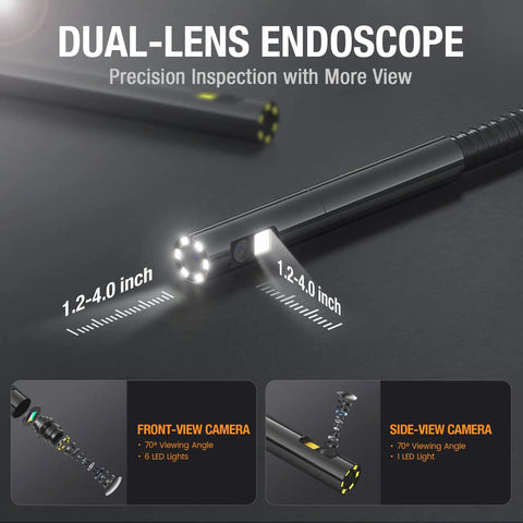 Dual Lens Endoscope With 5 Inch Monitor And Front And Side View Borescope Camera Waterproof 9.8 Ft Probe 5 Inch IPS LCD Screen And Case The Go To Tool For Auto Maintenance Home Inspections Electrical Work And DIY. dual-lens probe with front and side camera views, 1.2-4.0 inch