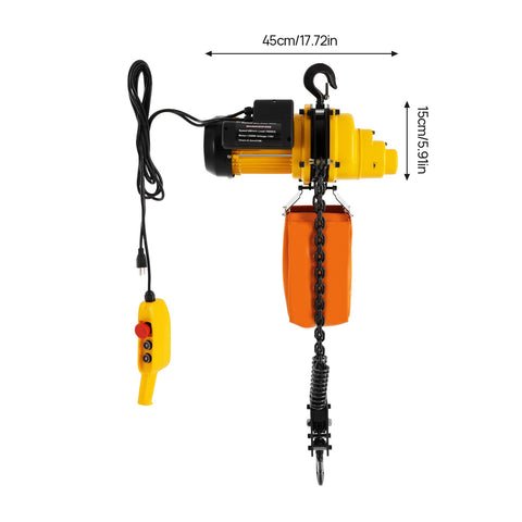 Heavy Duty Electric Chain Hoist With 2200 Lb Capacity And 10 Foot Lifting Height featuring steel chain, hook, and aluminum housing.