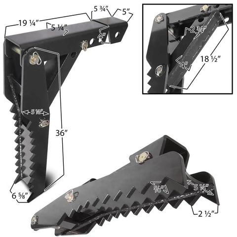 36 Inch Weld On Backhoe Thumb Clamp With Five Eighths Inch Steel Plate, Heavy Duty Adjustable Assembly, side and front view