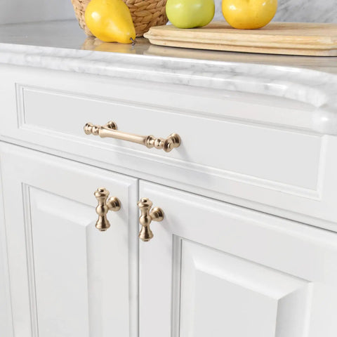 10 Pack 3.75 Inch Brushed Brass Cabinet Handles Gold Kitchen Cabinet Pulls For Cupboards And Drawers installed on white cabinets