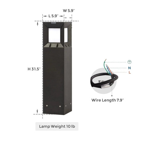 Image showing dimensions of Go-To IP54 Waterproof Outdoor Bollard Path Light, 32-Inch Black LED Lamp, with wiring details.