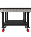 Pro Shop Heavy Duty Welding Fixture Table With Precision Laser Cut Grid Powder Coated Steel Frame Six Rolling Caster Wheels And Bottom Storage Rack For Makers viewed from the front, showing caster wheels.