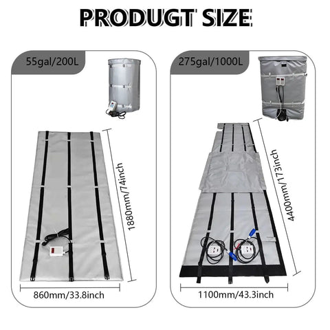Industrial Oil Drum Heater Blanket With Adjustable Thermostat For 275 Gallon Tanks And Pipes shown in size comparison with dimensions.