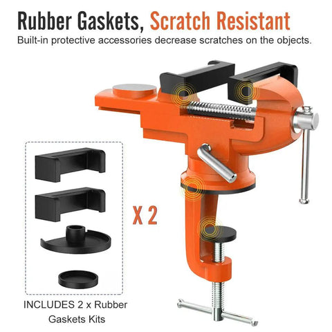 Beastly Table Vise With 3 Inch Jaw Opening And 360 Degree Swivel Base Bench Clamp featuring rubber gaskets for scratch resistance.