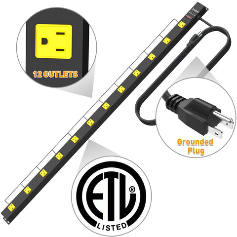 Heavy Duty 12 Outlet Industrial Power Strip With Wide Spaced Outlets And A 15 Foot Cord, 2100 Joules Surge Protection, 15A Circuit Breaker, Double Pole Protection, Metal Housing For Workshop Garage And Office Gear, 12 outlets, grounded plug