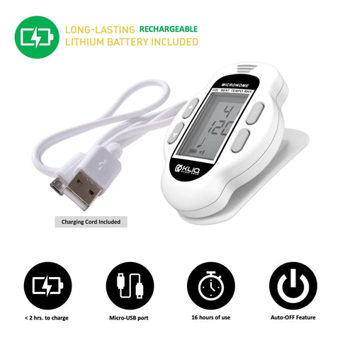 Ultra Portable Mini Rechargeable Digital Metronome With Speaker For Piano Guitar Saxophone Flute Violin Drums 30 To 260 BPM Tempo Range 9 Rhythm Settings Digital Volume And Beat Adjust Clip On Practice Metronome 16 Hour Battery White with charging cable