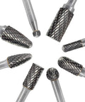 Carbide burr set, 8pcs, 1/4 in shank, double-cut, assorted shapes for die grinder.