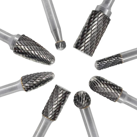 Carbide burr set, 8pcs, 1/4 in shank, double-cut, assorted shapes for die grinder.