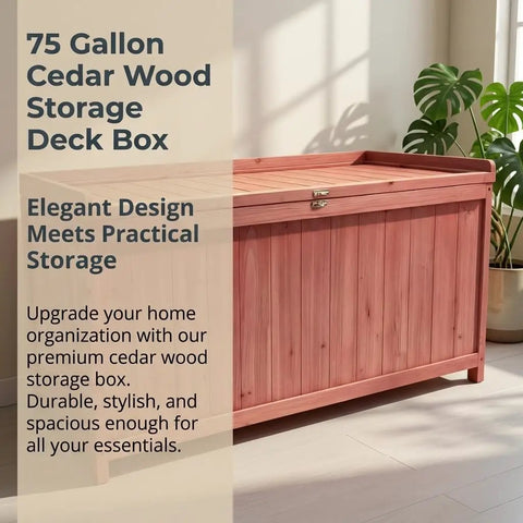 75 Gallon Wood Deck Box Outdoor Storage Bench For Patio Cushions Pillows Garden Tools And Pool Accessories With Solid Wood Support And Large 44.5 Inch By 20.9 Inch By 23.6 Inch Dimensions